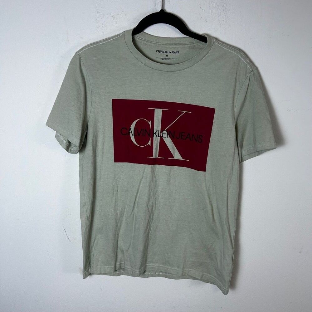 Calvin Klein Jeans Graphic T-Shirt Mens Medium Green Red Box Logo Short Sleeve